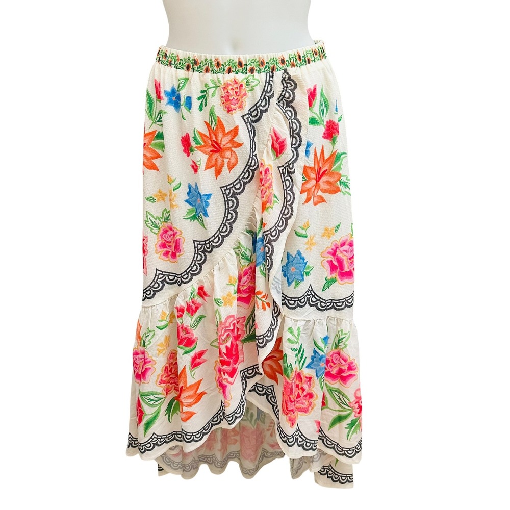 Flying Tomato Layered Azul Floral Midi Skirt Faux Wrap Elastic Waist sz M New
